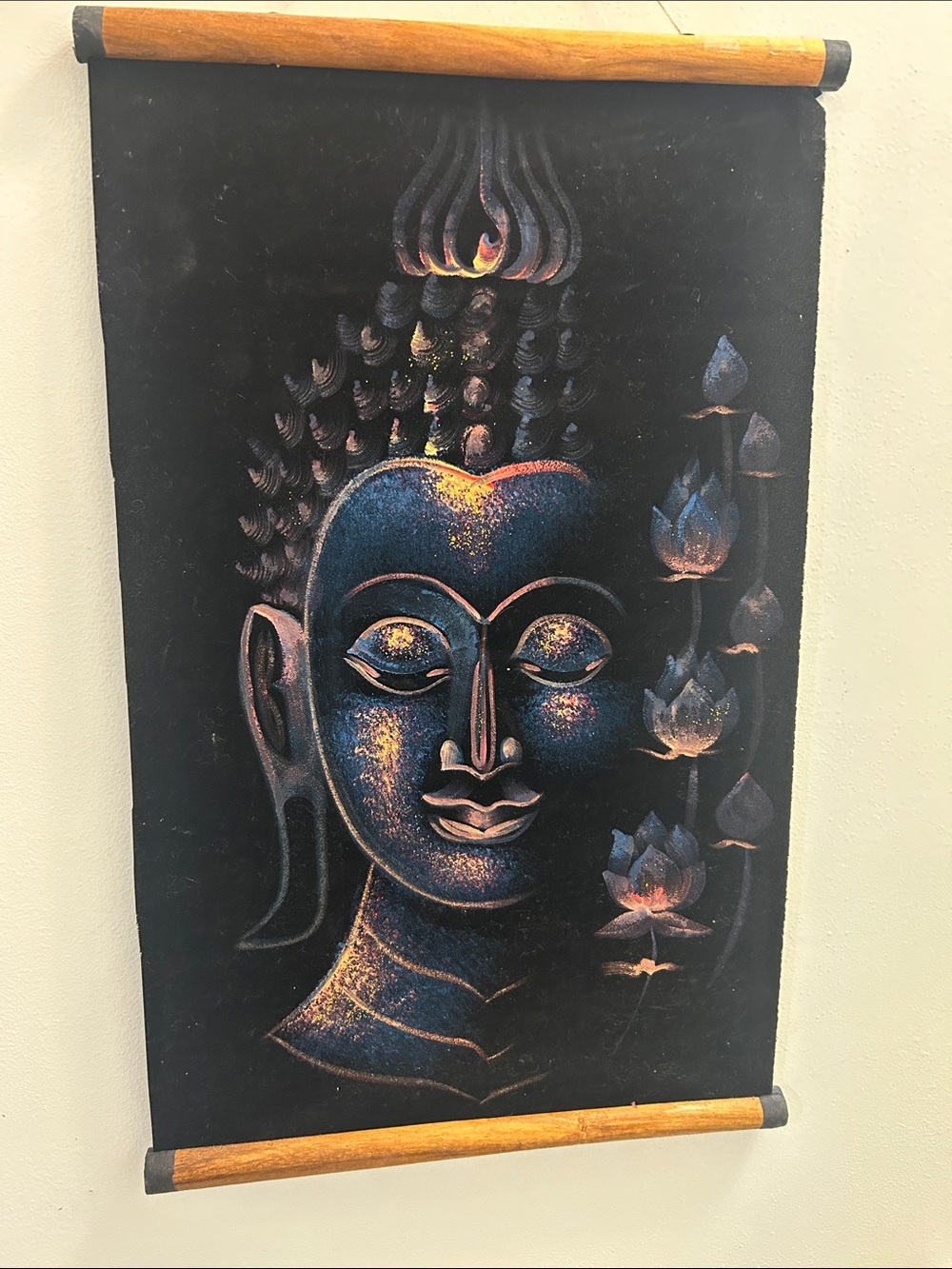 Hand-Painted Buddha Wall Hanging in Deep Blue and Gold